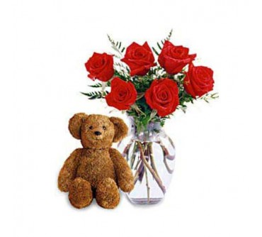 Six Premium Long Stemmed Roses with a Bear